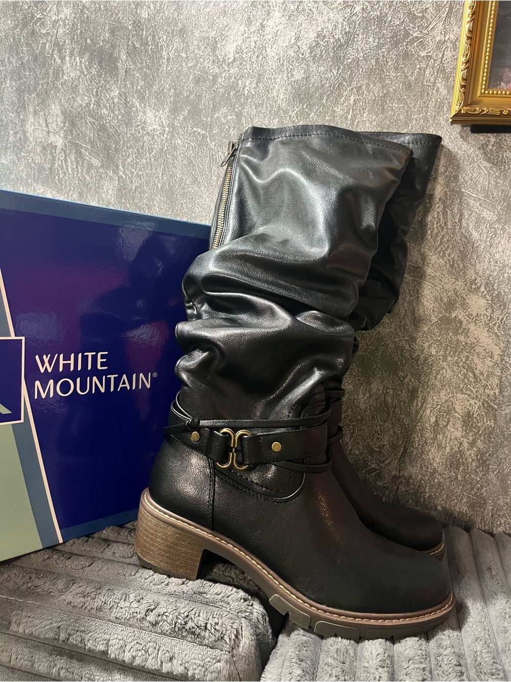 White Mountain Black Slouchy Mid-Calf Heeled Boots with Buckle Detail